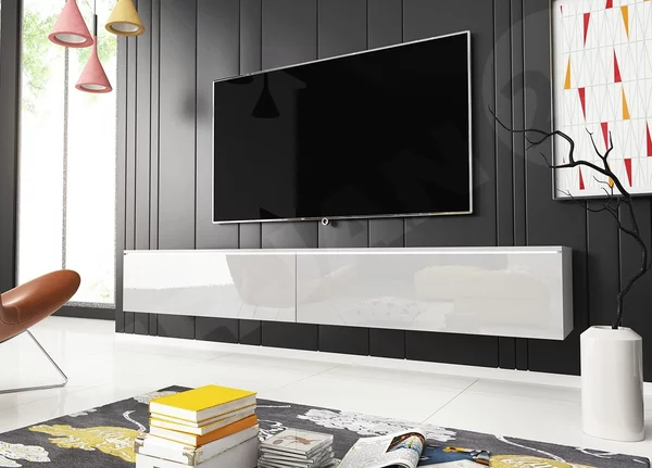 TV asztal/szekrény Dilune 180 (fehér + fényes fehér) (fehér LED világítás)