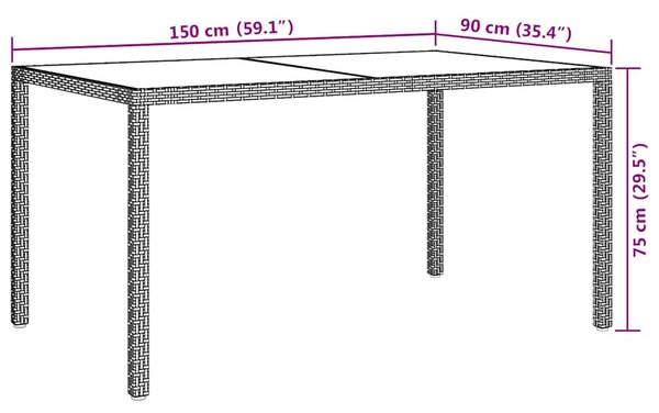 Szürke polyrattan és edzett üveg kerti asztal 150 x 90 x 75 cm