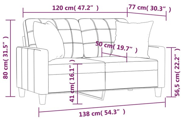 2 személyes szürke műbőr kanapé díszpárnákkal 120 cm