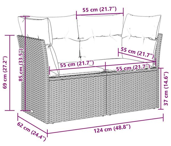 2 személyes világosszürke polyrattan kerti kanapé párnával