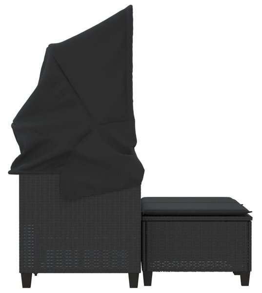 2 személyes fekete polyrattan kerti kanapé baldachinnal/székkel
