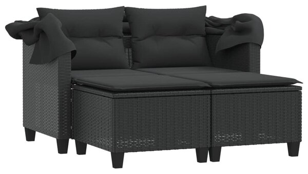 2 személyes fekete polyrattan kerti kanapé baldachinnal/székkel