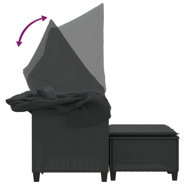 2 személyes fekete polyrattan kerti kanapé baldachinnal/székkel