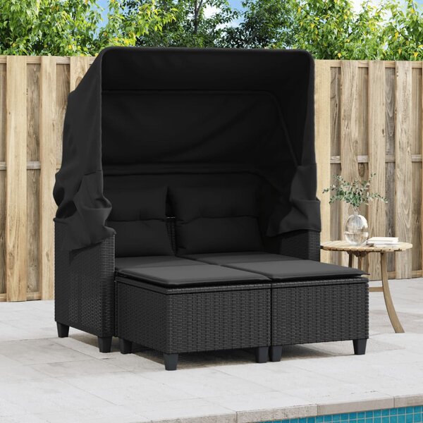 2 személyes fekete polyrattan kerti kanapé baldachinnal/székkel