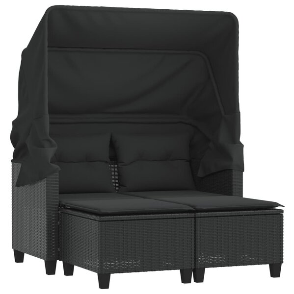 2 személyes fekete polyrattan kerti kanapé baldachinnal/székkel