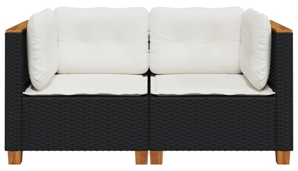 2 db fekete polyrattan kerti sarokkanapé párnákkal
