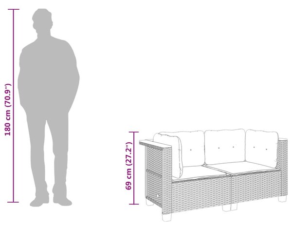 2 db fekete polyrattan kerti sarokkanapé párnákkal