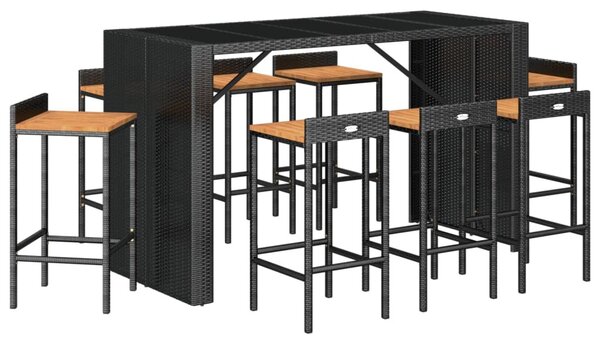 9 részes fekete polyrattan és tömör akácfa kerti bárszett