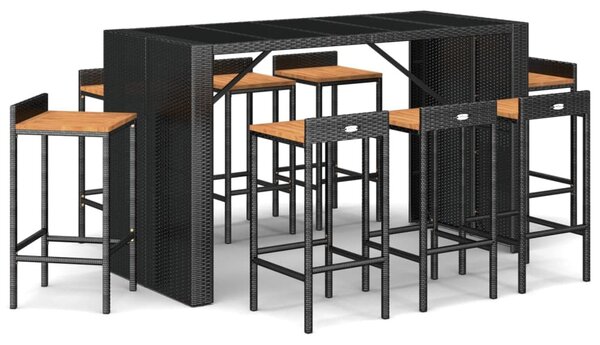 9 részes fekete polyrattan és tömör akácfa kerti bárszett