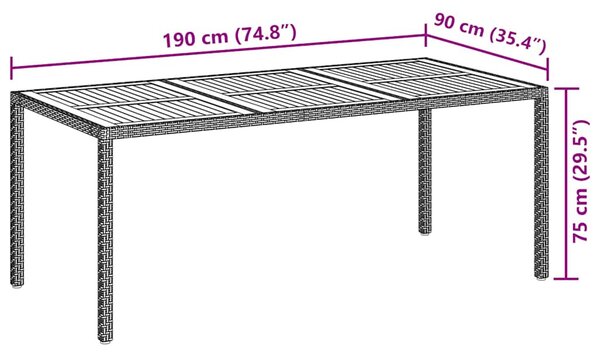 Szürke polyrattan és akácfa kerti asztal 190 x 90 x 75 cm