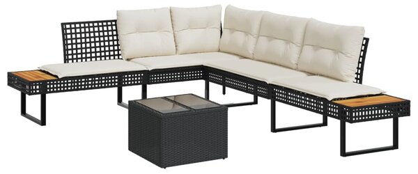 2 részes fekete polyrattan és üveg kerti kanapészett párnákkal