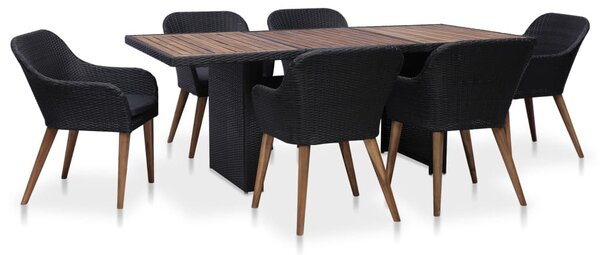 7 részes fekete polyrattan kültéri étkezőszett párnákkal
