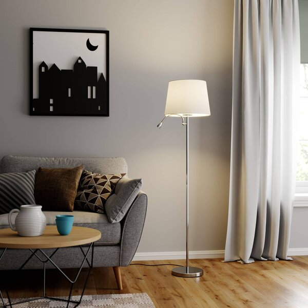 Lindby állólámpa Benjiro, fehér, textil, olvasólámpa, 150 cm, Fehér / opál, Nappali / Étkező, Textil / szövet / selyem, Modern
