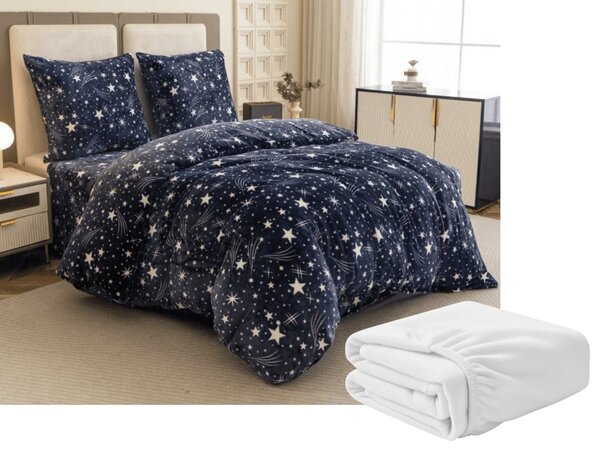 Mikroplüss ágyneműhuzat STARLIGHT sötétkék + mikroplüss lepedő SOFT 90x200 cm fehér, egyszemélyes ágy