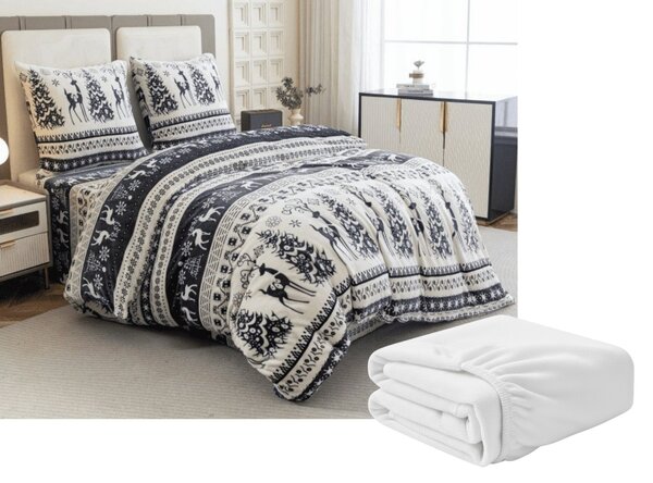 Mikroplüss ágyneműhuzat szett WINTER DEER szürke + Mikroplüss lepedő SOFT 90x200 cm fehér, egyszemélyes