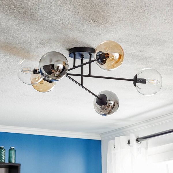 EMIBIG LIGHTING Mennyezeti világítás Glassy, fekete, grafit/borostyán/átlátszó, 6 izzós, dimmelhető, Fekete, Nappali / Étkező, Üveg, Modern