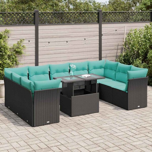 10 részes fekete polyrattan akácfa kerti ülőgarnitúra párnákkal
