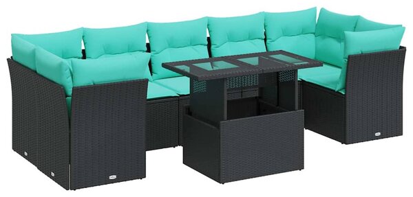 8 részes fekete polyrattan akácfa kerti ülőgarnitúra párnákkal