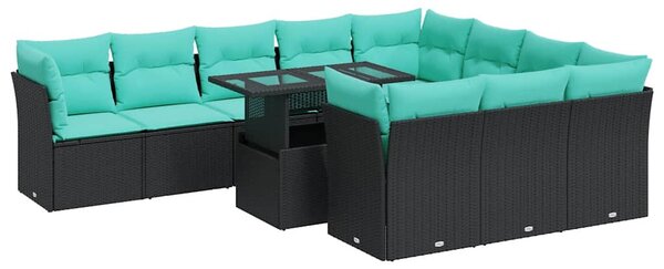 11 részes fekete polyrattan akácfa kerti ülőgarnitúra párnákkal