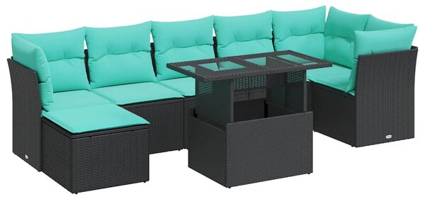 8 részes fekete polyrattan akácfa kerti ülőgarnitúra párnával
