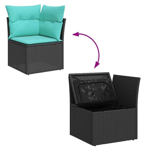 8 részes fekete polyrattan akácfa kerti ülőgarnitúra párnával