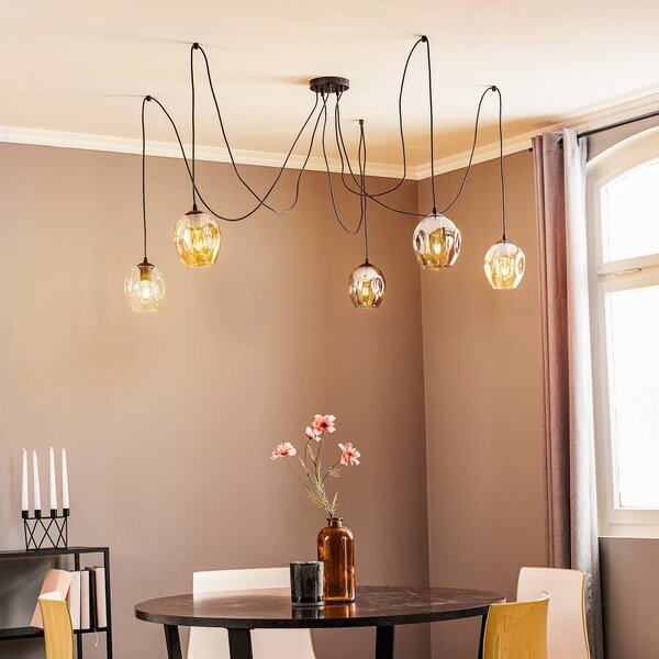 EMIBIG LIGHTING Starla függő lámpa, üveg grafit/borostyán/tiszta, 5 izzós, decentralizált, dimmelhető, Fekete, Nappali / Étkező, Üveg, Modern