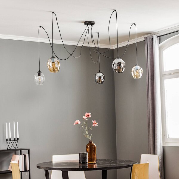 EMIBIG LIGHTING Starla függő lámpa, üveg grafit/borostyán/tiszta, 5 izzós, decentralizált, dimmelhető, Fekete, Nappali / Étkező, Üveg, Modern