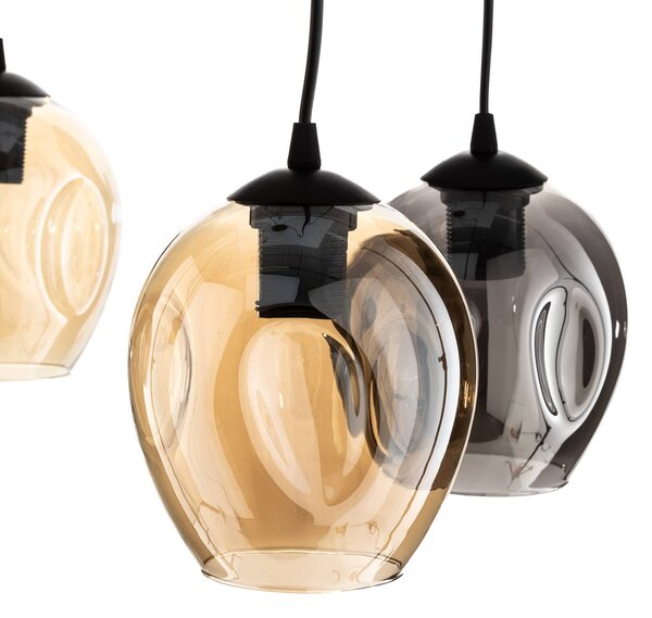 EMIBIG LIGHTING Starla függő lámpa, üveg grafit/borostyán/tiszta, 5 izzós, decentralizált, dimmelhető, Fekete, Nappali / Étkező, Üveg, Modern