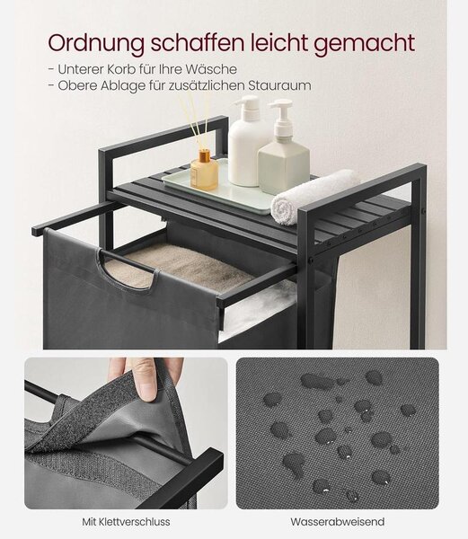 Szennyeskosár, szennyeskosár polccal, 65L, fekete-szürke