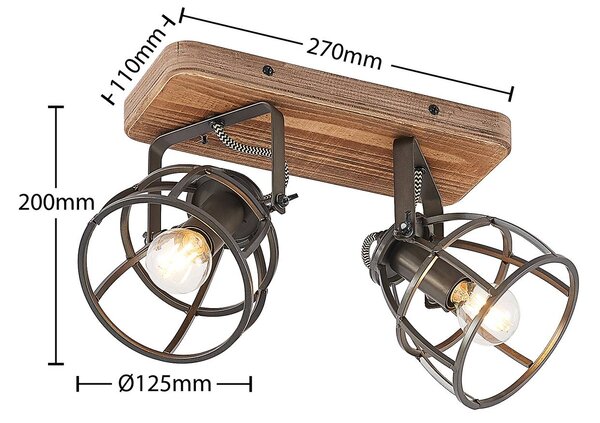 Lindby mennyezeti spotlámpa Rutger, 36cm, 2-lámpás, fa, ketrec, E14, dimmelhető, Sötét fa, Nappali / Étkező, Fa, Vintage