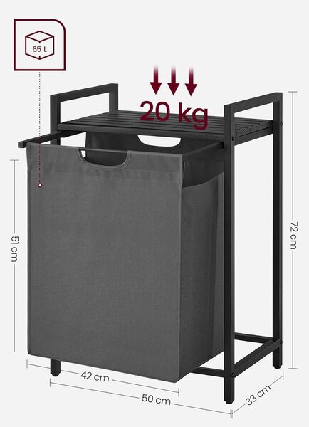 Szennyeskosár, szennyeskosár polccal, 65L, fekete-szürke