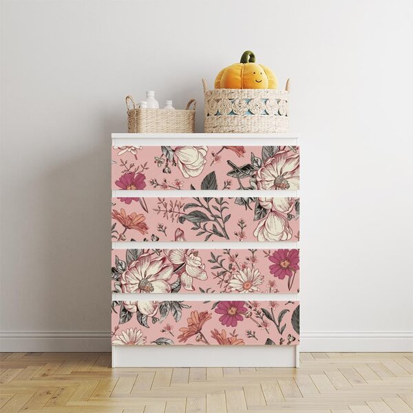 IKEA MALM bútormatrica - vintage virágok rózsaszín háttérrel