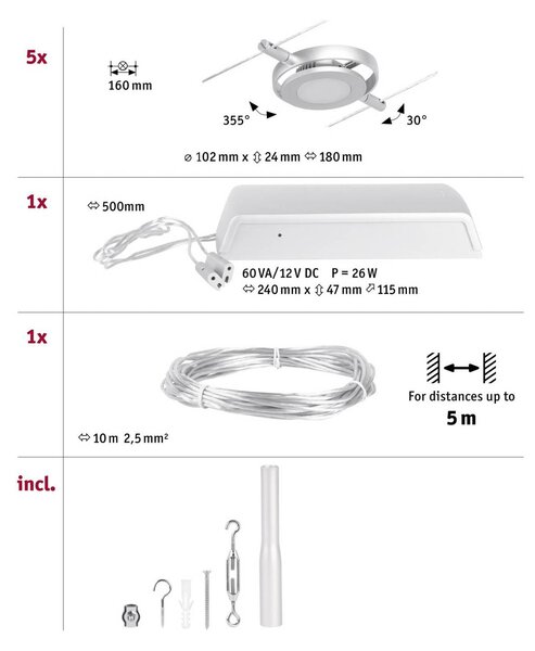 Paulmann Wire RoundMac LED kábelrendszer, 5 izzós, króm, Alu / szürke / cink, Folyosó, fém, Modern