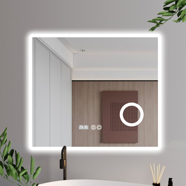 Arezzo 80 cm széles fali szögletes LED okostükör kozmetikai tükörrel, ambient világítással, érintőkapcsolóval, digitális órával és páramentesítő funkcióval