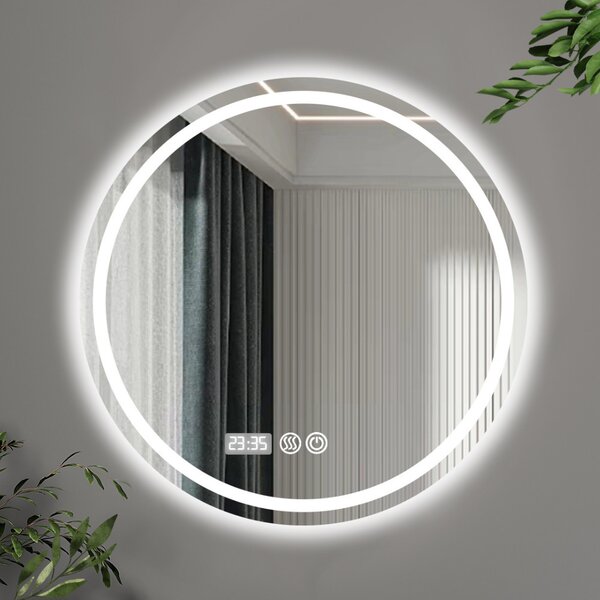 Split 80 cm széles fali kerek LED okostükör ambient világítással, érintőkapcsolóval, digitális órával és páramentesítő funkcióval
