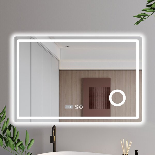Gant 120 cm széles fali szögletes LED okostükör kozmetikai tükörrel, ambient világítással, érintőkapcsolóval, digitális órával és páramentesítő funkcióval
