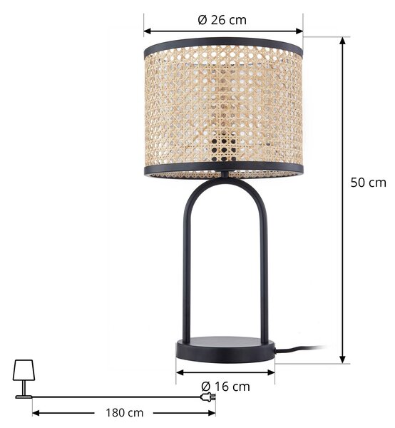 Lindby Yaelle asztali lámpa, 50 cm magas, rattan, fekete, E27, Világos fa, Nappali / Étkező, Fa, Skandináv