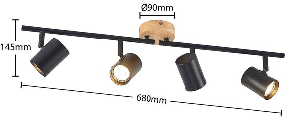 Lindby Xiomara mennyezeti lámpa, 4 lámpás, 68 cm hosszú, fa, dimmelhető, Fekete, Nappali / Étkező, fém, Modern
