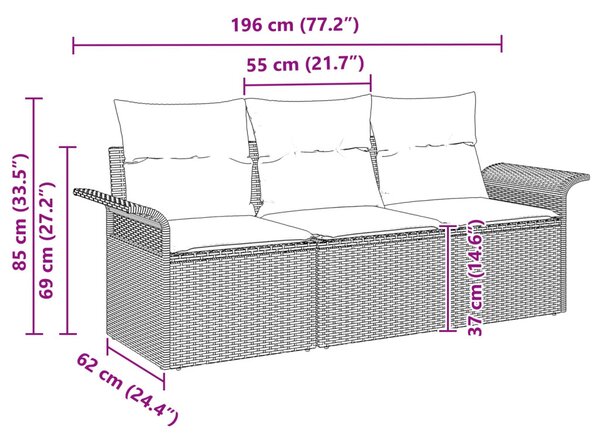 VidaXL Kanapé Szett párnával 3 pcs Barna és Piros polirattan