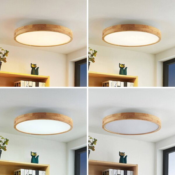 Lindby LED mennyezeti lámpa Lanira, Ø 60 cm, fa, távirányító, CCT, dimmelhető, Világos fa, Nappali / Étkező, Fa, Modern