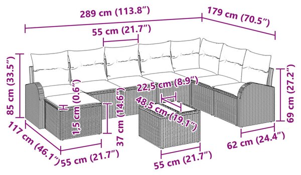 Kerti Kanapé Szett párnával 9 pcs Világosszürke Poli rattan