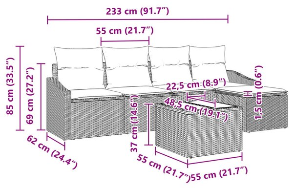 Kanapé Szett párnával 6 pcs Világosszürke polirattan