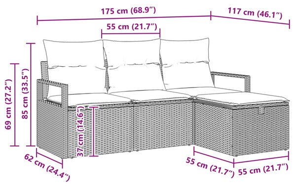 Kanapé Szett párnával tárolóval 4 pcs Barna és Piros polirattan