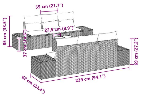 Kerti Kanapé Szett párnával 7 pcs Szürke polirattan