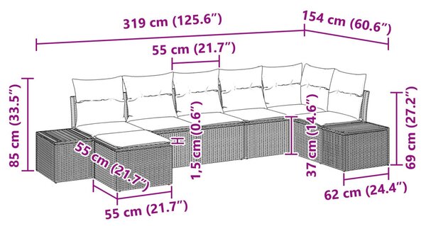 Kerti Kanapé Szett párnával 7 pcs Világosszürke polirattan