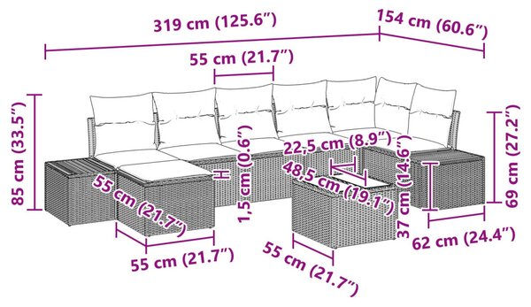 Kerti Kanapé Szett párnával 8 pcs Világosszürke polirattan