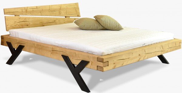 Stílusos tömörfa ágy, acél lábak Y alakban, 160 x 200 cm