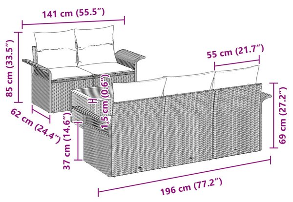 Kerti Kanapé Szett párnával 6 pcs Szürke polirattan