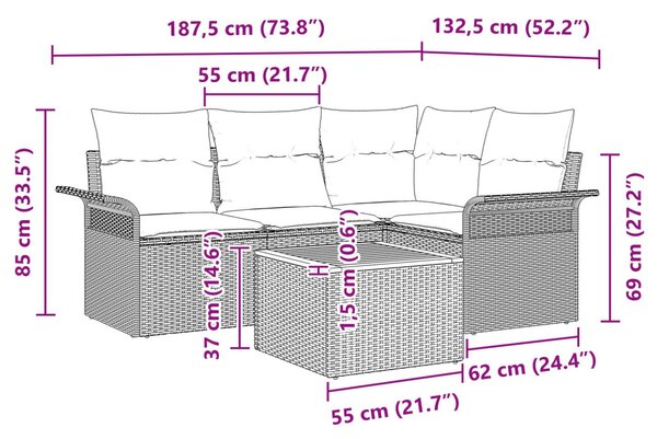 Kerti Kanapé Szett 5 db Fekete polirattan