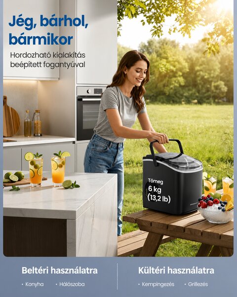 Jégkockakészítő Gép, 12 kg/24h, Öntisztító, Hordozható – Fekete